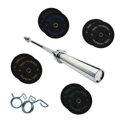 Body Revolution Olympic Weightlifting Bar & Bumper Weight Plate Sets - 10Kg Weight Set (5Kg Pair) 7Ft