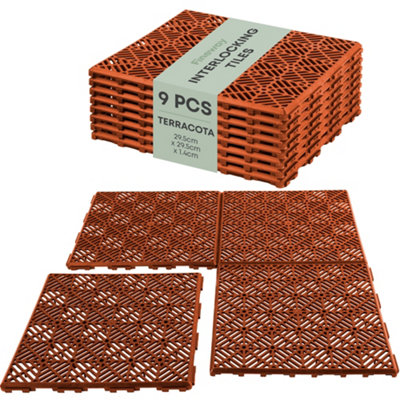 Fineway Interlocking Garden Tiles 9 Pack Terracotta Outdoor Flooring Tiles Non Slip Patio Decking Tiles 29.5Cm from B&Q