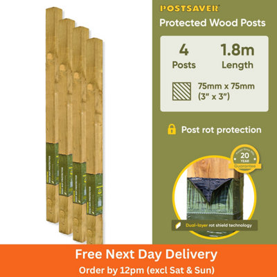 Postsaver Pro-Post3X3" Treated Fence Posts (W) 75X75mm (H) 1.8M (4 Pack) 20 Year Guarantee from B&Q
