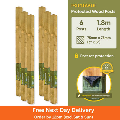 Postsaver Pro-Post3X3" Treated Fence Posts (W) 75X75mm (H) 1.8M (6 Pack) 20 Year Guarantee from B&Q