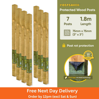 Postsaver Pro-Post3X3" Treated Fence Posts (W) 75X75mm (H) 1.8M (7 Pack) 20 Year Guarantee from B&Q