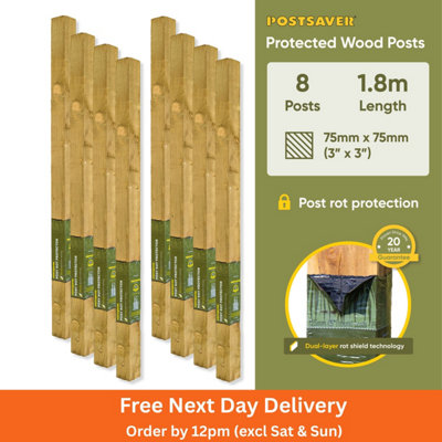Postsaver Pro-Post3X3" Treated Fence Posts (W) 75X75mm (H) 1.8M (8 Pack) 20 Year Guarantee from B&Q