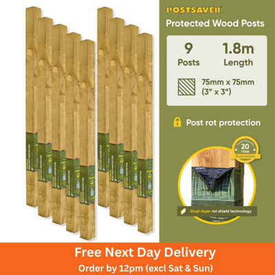 Postsaver Pro-Post3X3" Treated Fence Posts (W) 75X75mm (H) 1.8M (9 Pack) 20 Year Guarantee from B&Q