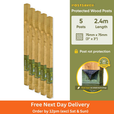Postsaver Pro-Post - 3X3" Treated Fence Posts (W) 75X75mm (H) 2.4M (5 Pack) 20 Year Guarantee