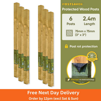 Postsaver Pro-Post3X3" Treated Fence Posts (W) 75X75mm (H) 2.4M (6 Pack) 20 Year Guarantee from B&Q