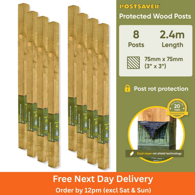 Postsaver Pro-Post3X3" Treated Fence Posts (W) 75X75mm (H) 2.4M (8 Pack) 20 Year Guarantee Rot Protector Pre-Applied from B&Q