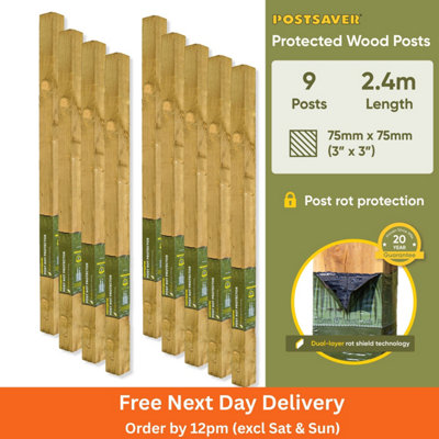Postsaver Pro-Post3X3" Treated Fence Posts (W) 75X75mm (H) 2.4M (9 Pack) 20 Year Guarantee from B&Q