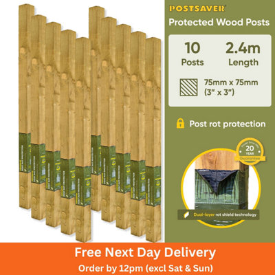 Postsaver Pro-Post3X3" Treated Fence Posts (W) 75X75mm (H) 2.4M (10 Pack) 20 Year Guarantee from B&Q