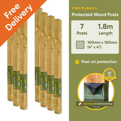 Postsaver Pro-Post4X4" Treated Fence Posts (W) 100X100mm (H) 1.8M (7 Pack) 20 Year Guarantee Rot Protector Pre-Applied from B&Q