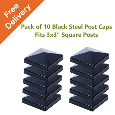 Postsaver Post Cap X10 Pack For Fence Posts Pyramid Shaped - Galvanized Steel Coated Covers For 3X3" Square Posts ( Free Delivery ) Black