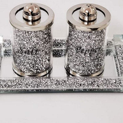 Deenz Set Of Diamond Crushed Salt Pepper Jars & Mirrored Crystal Candle Plate Elegant Addition To Your Home- Best Gift from B&Q