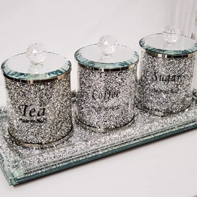 Deenz Set Of Diamond Crushed Tea Coffee Sugar Jars & Full Crushed Diamond Rectangle Tray Candle Holder 39X18Cm from B&Q