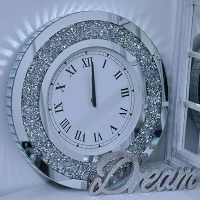 Deenz Large Round 50Cm Crushed Mirror Jewel Wall Clock Black Hands Roman Number Diamante Glass Silver Eye Catching Home Décor from B&Q