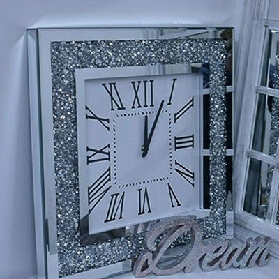 DEENZ Square Crushed Jewel Mirror Wall Clock Black Hands Roman Diamante from B&Q