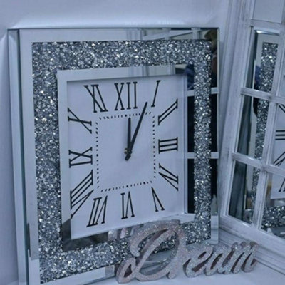 Deenz Large Square Crushed Jewel Mirror Wall Clock Needles Roman Diamante 50Cm Black Hands Silver Eye Catching Home Décor from B&Q