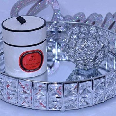 Deenz 30Cm Crystal Silver Mirrored Cosmetic Round Double Beaded Tray (Square Crystal) Organiser Glass Holder Perfume Cosmetics from B&Q