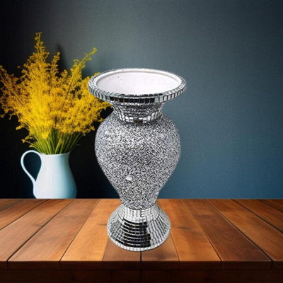 DEENZ 40Cm Silver Vase Statue Ornament Diamond Crushed Mirrored Flower Pot from B&Q