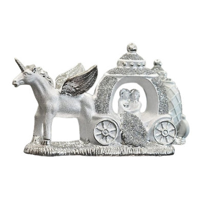  - Silver Crushed Diamond Sparkly Carriage Couple Unicorn Ornament