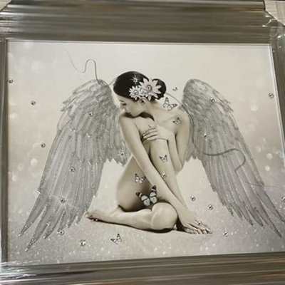 B&Q -  Sitting Angel With White Wings Modern Glitter Liquid Art Wallart Chrome Frame 55X55Cm