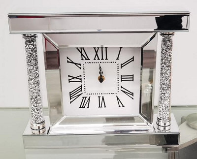 B&Q -  Crushed Jewel Mirror Wall Clock Roman Numbers Pillars Diamante Mirror Glass Clock H 27 X W 32 X D 8Cm
