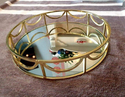 Deenz Metal Mirror Tray Cosmetic Tray Vanity Tray For JewelryDrum Shape Countertop Organizer RoomDiameter 25Cm Gold from B&Q