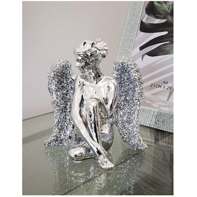  - Sitting Angel With Wide Wings Crushed Diamond Ornament