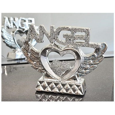 Silver Crushed Diamond Angel Heart With Wings Ornament from B&Q