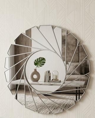 Deenz Large Wall Mirror Art Deco Frame Round Swivel Style Wall Mirror Glass 61Cm Swirl Design Home Decor (Silver) from B&Q