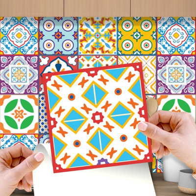 Walplus Classic Mediterranean Colourful Peel And Stick Wall Tiles Sticker24Pcs Self Adhesive Stick On Tiles For Kitchen 15X15Cm from B&Q