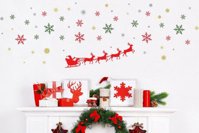 B&Q -  Santa's Sleigh And Colourful Snowflakes Stickers Xmas Wall Diy Art Home Decor