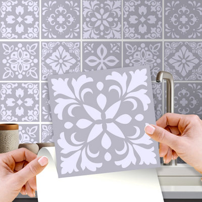 Walplus Andalu Cement Spanish Peel And Stick Wall Tiles Stickers - 24Pcs Adhesive Stick On Tiles For Kitchen 15X15cm Light/Grey