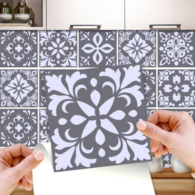 Walplus Cement Spanish Peel And Stick Wall 3D Tiles Stickers - 24Pcs Self Adhesive Stick On Tiles For Kitchen - 15X15cm Dark/Grey