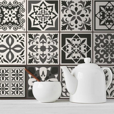 Walplus Ethor Mediterranean Peel And Stick Wall Tiles Sticker Adhesive Stick On Tiles For Backsplash 24 Pcs 15X15cm Dark/Grey