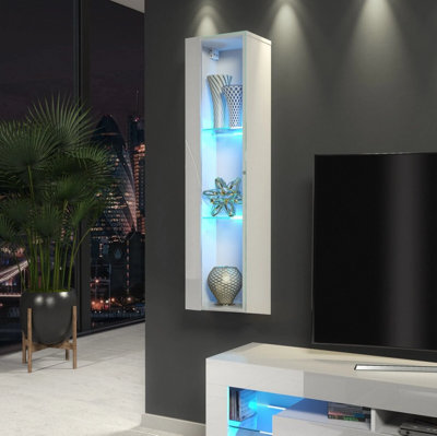 Furneo White Glass Floating Display Cabinet Tall Wall Unit Art 01 Blue Led Lights from B&Q