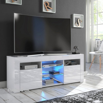 Furneo White Tv Stand 120Cm Unit Cabinet Matt & High Gloss Puzzo Blue Led Lights from B&Q