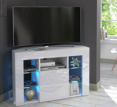 Furneo Venico 02 White Corner Tv Stand 100Cm Matt & High Gloss Blue Led Lights from B&Q