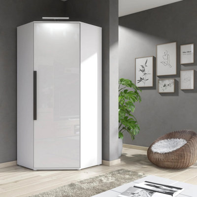 Furneo Modern White High Gloss & Matt Corner Wardrobe Bedroom Closet Sotrage With Led Light Clifton 14 from B&Q