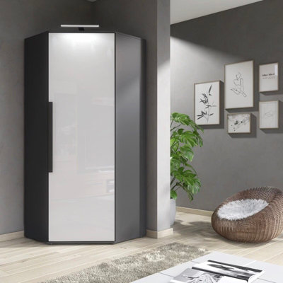 Furneo Modern White High Gloss & Matt Graphite Corner Wardrobe Bedroom Closet Storage With Led Light Clifton 14G from B&Q
