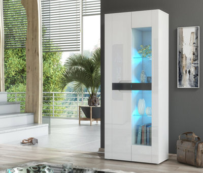 Furneo White 2-Door Display Cabinet Cupboard Matt & High Gloss Milano 08 Blue Led Lights from B&Q