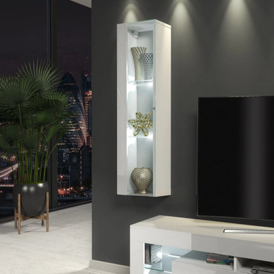Furneo White Glass Floating Display Cabinet Tall Wall Unit Art 01 White Led Lights from B&Q
