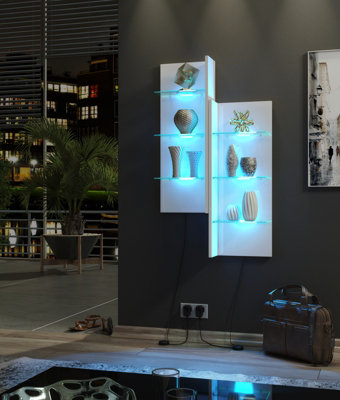 Furneo White Floating Display Cabinet Wall Unit Shelf High Gloss & Matt Clifton 09 Blue Led Lights from B&Q