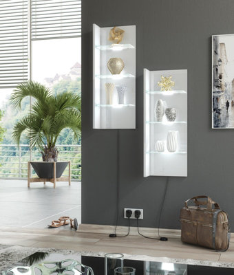 Furneo White Floating Display Cabinet Wall Unit Shelf High Gloss & Matt Clifton 09 White Led Lights from B&Q