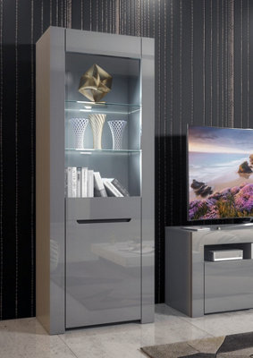 Furneo High Gloss & Matt Grey Display Cabinet Cupboard Milano 09G White Led Lights from B&Q