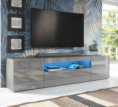 Furneo 200Cm Long Tv Stand Unit Cabinet Matt & High Gloss Grey Clifton 08G Blue Led Ligh from B&Q