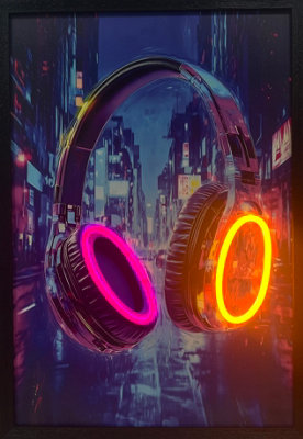 B&Q -  Neon Led Cyberpunk Headphones Wall Art 40 X 60 Cm