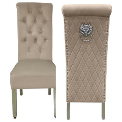 B&Q -  Pair Of 2 Sofia Beige Mink Chairs With Silver Legs And Lion Knocker