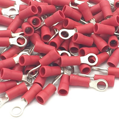 B&Q -  100Pcs Red Insulated Crimp Ring Terminals 4.3mm Stud Size Connectors