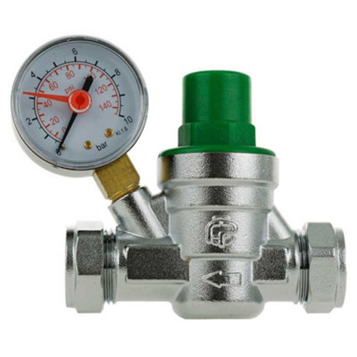 Pepte Pressure Reducing Valve & Gauge 15mm 22mm Compression 0-6 Bar Adjustable from B&Q