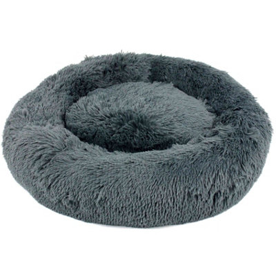 B&Q -  Dog Cat Bed Fluffy Donut Kitten Puppy Pet Cushion Calming Mattress M (Dark Grey)