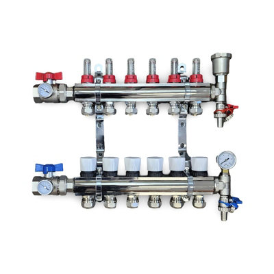 Warmer 6 Port Underfloor Heating Manifold With Pipe Connections 15mm X 3/4 Ball Valves With Thermometers Psw Tradesuppliers Ltd from B&Q